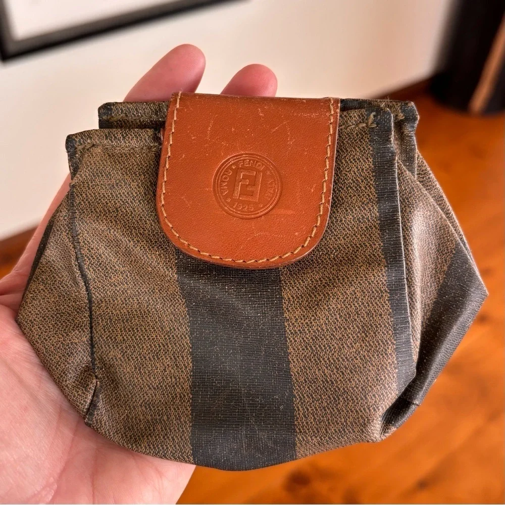 FENDI Vintage Fendi Pequin Stripe Coin Pouch Mini Wallet Brown Logo Italy